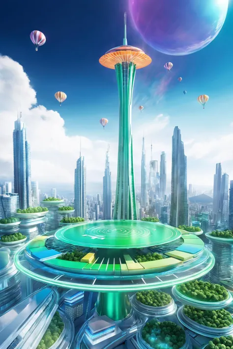 futuristic city with sky tower flying over it,in the style of vibrant stage backdrops,group f/,miki asai,money themed,circular shapes,Sigma Natural Green and orange,ue5,c4d,blender,ocrendering,