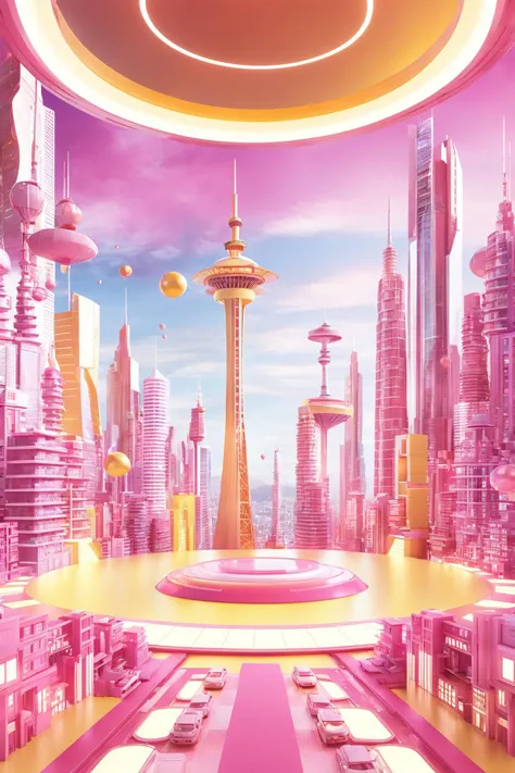 futuristic city with sky tower flying over it,in the style of vibrant stage backdrops,group f/64,miki asai,money themed,circular shapes,light yellow and Barbie Pink,ue5,c4d,blender,ocrendering,