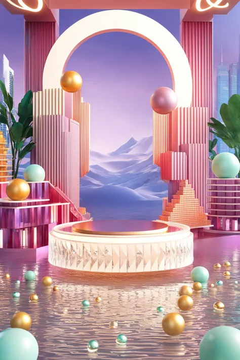 in the style of vibrant stage backdrops, group f/64, miki asai, money themed, circular shapes, Ivory and Crystal, ue5, ocrendering, c4d, blender