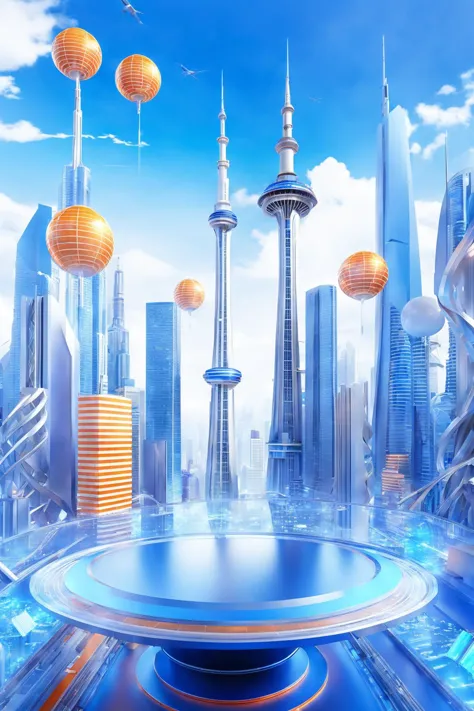 futuristic city with sky tower flying over it,in the style of vibrant stage backdrops,group f/64,miki asai,money themed,circular shapes,International Klein Blue and orange,ue5,c4d,blender,ocrendering,