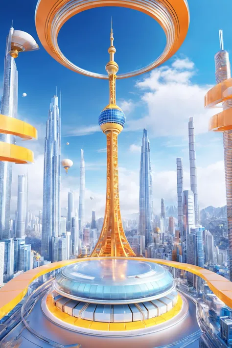 futuristic city with sky tower flying over it,in the style of vibrant stage backdrops,group f/64,miki asai,money themed,circular shapes,Chinese yellow and orange,ue5,c4d,blender,ocrendering,