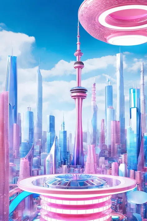 a close up of a futuristic city with a futuristic flying saucer