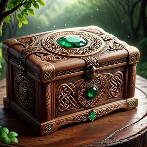 a close up of a wooden box with a green stone inside