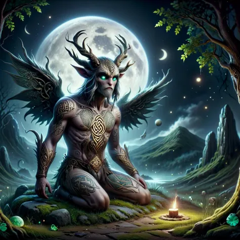 a painting of a male demon sitting on a rock in the woods