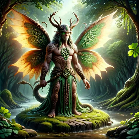 a painting of a male fairy with a dragon on his back