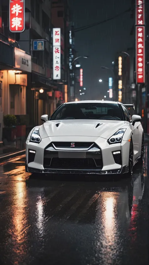 a nissan GTR, white carpaint, night city wet road, sharp focus, cinematic bright lighting, realistic, best quality, rich colors,...