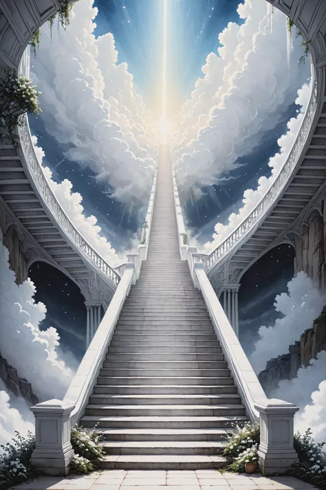 otclillsn, a wide stairway to heaven, outdoors, symmetry, glowing white tones, white atmosphere, white, ink painting, blunt tone...