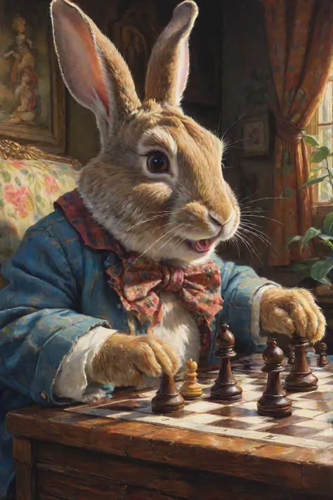 a painting of a joyful bunny in 80s clothes plays chess, Beatrix Potter, fairy tale illustration, thomas kindkade, a fine art pa...