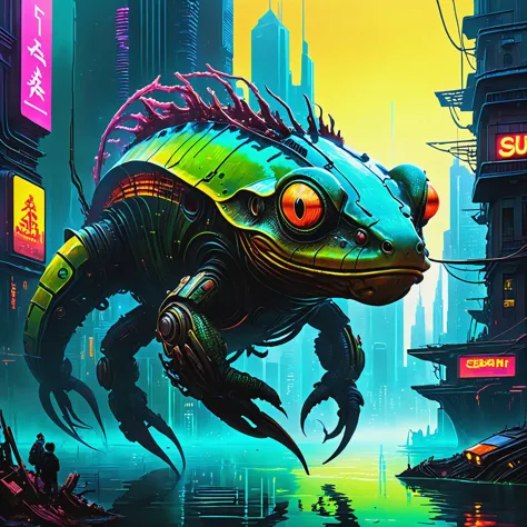 ultra-fine digital painting of a Amphibious creature emerging from subaquatic depths in a  Cyberpunk city with neon skyline <lor...