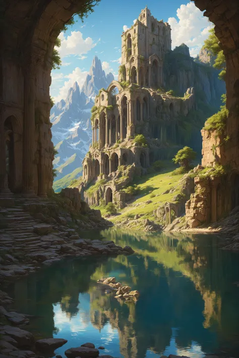 a painting of a ruins of an ancient church on a mountain side by a lake with a reflection of it in the water, Christophe Vacher,...