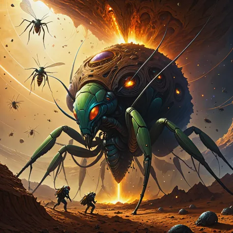 ultra-fine digital painting of a Insectoid swarm erupting from underground nests in a  Spacefaring nomads exploring cosmic anoma...
