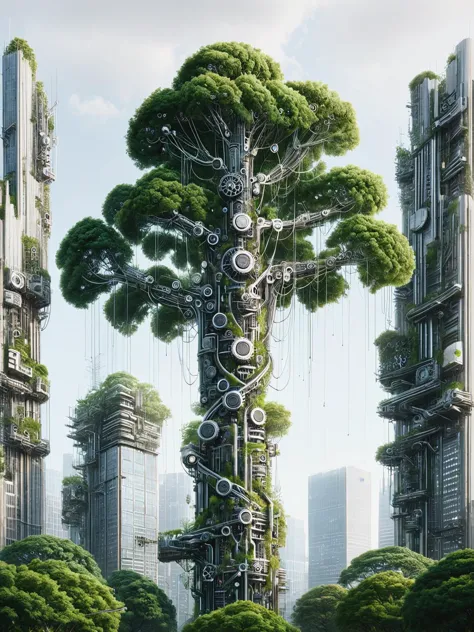 ais-postdyz tree, standing tall amidst a concrete jungle, branches reaching skyward like antennas towards a digital sky <lora:Af...