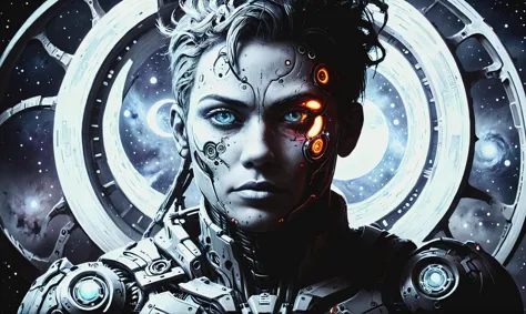 a close up of a man with a futuristic face and a clock