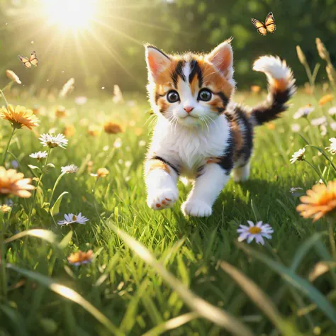 a perfect 3d render of a calico kitten playing in a field, chasing butterflies, beautiful sunlight,
