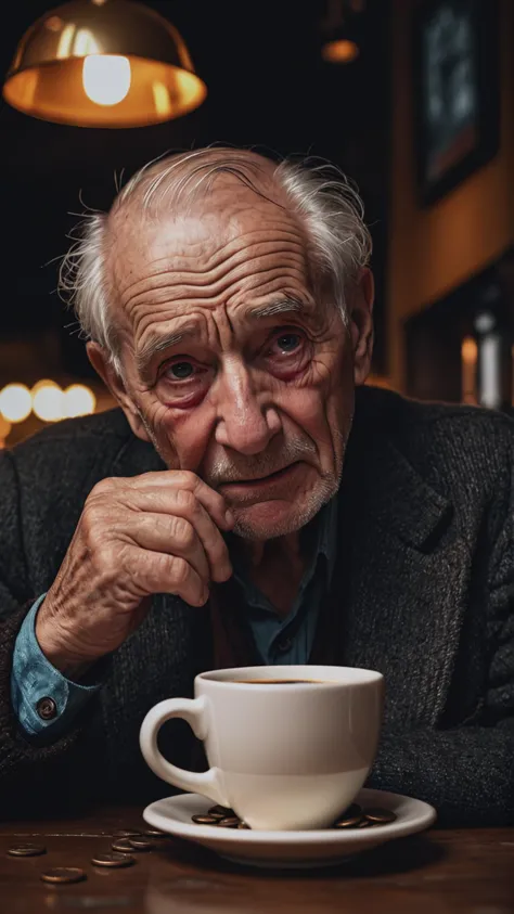 RAW photo, old man in cafe, detailed wrinkles, crying face, cup of coffee, a few coins on the table, tears, realistic, aesthetic...