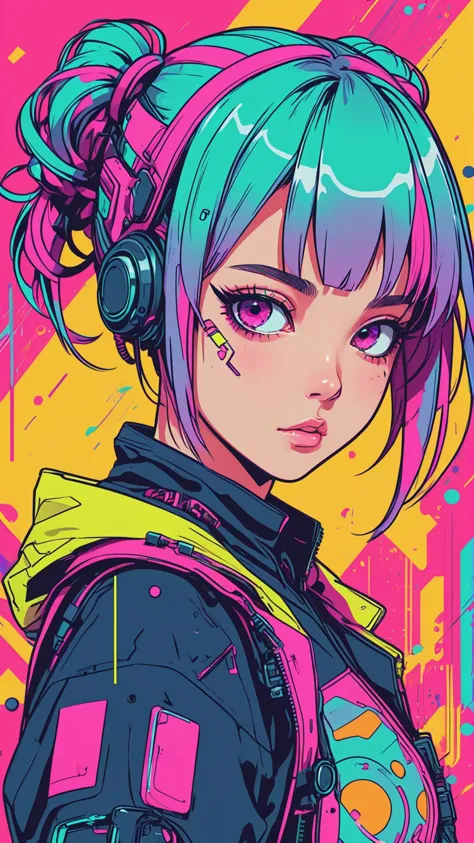 anime, an girl, kawaii, cyberpunk, colorful, ink paint line art, vector art, thick lines, glitch art, flat colors, key visual, v...