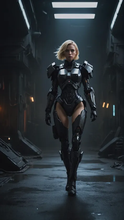 Full body, a heroic blonde woman in the dark, mecha, huge in background, sci-fi armor, black matte angular armor, Bladerunner 20...