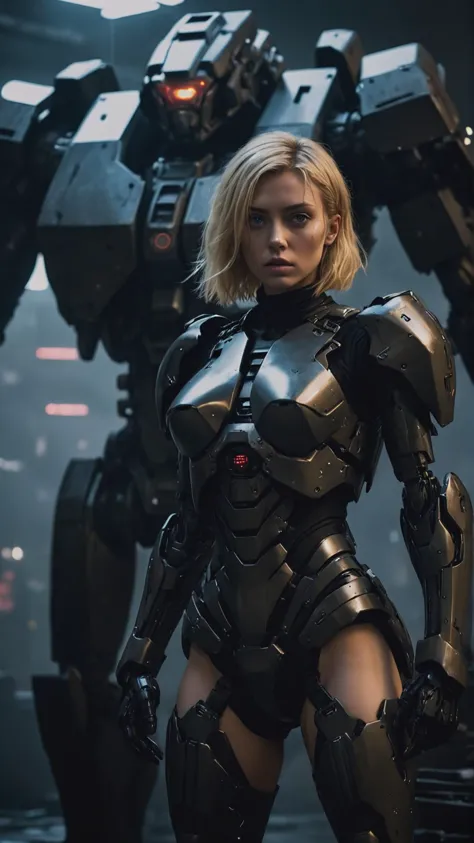 Full body, a heroic blonde woman in the dark, mecha, huge in background, sci-fi armor, black matte angular armor, Bladerunner 20...