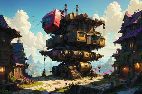 large machine with a house on top of it and a crane on the side of it, league of legends concept art, Craig Mullins, Anson Maddo...