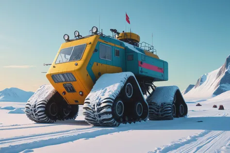 stalenhag, huge Arctic research scientific all-terrain vehicle, mountainous snow-covered hills, colorfully, photo, cinematic, <l...