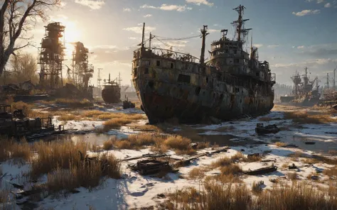 stalker game, reed estuary with abandoned ships, metro exodus, fallout 4, cinematic backlighting, magical deep shadows, ultra-re...