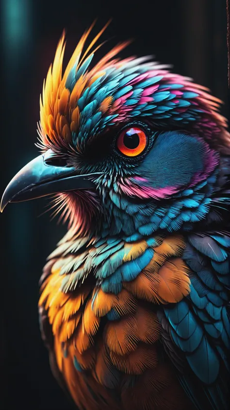 Cyberpunk Bird Portrait Intricate Details, Perfect Composition, High Contrast, Atmospheric, Moody, Raw photo, realistic, cinemat...
