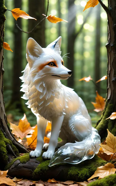 A fox sculpture, crafted from soft white translucent glass, is depicted in a dynamic pose, as if sniffing the air in a real fore...
