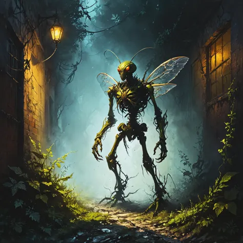 ultra-fine digital painting of a Insectoid exoskeleton with razor appendages in a  Gaslit alley with shadows and mystery <lora:x...