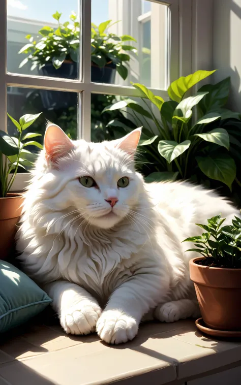 A soft, fluffy, white cat curled up and sleeping peacefully in a cozy window nook, bathed in gentle afternoon sunlight. The refl...