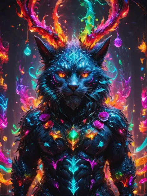 krampus with holiday terror  , symbols, intricate details, colorful, abstract, neon, realism, <lora:SDXLFaeTastic2400:0.8>,  <lora:rainbowdreamxl:0.6> rainbowdreamxl