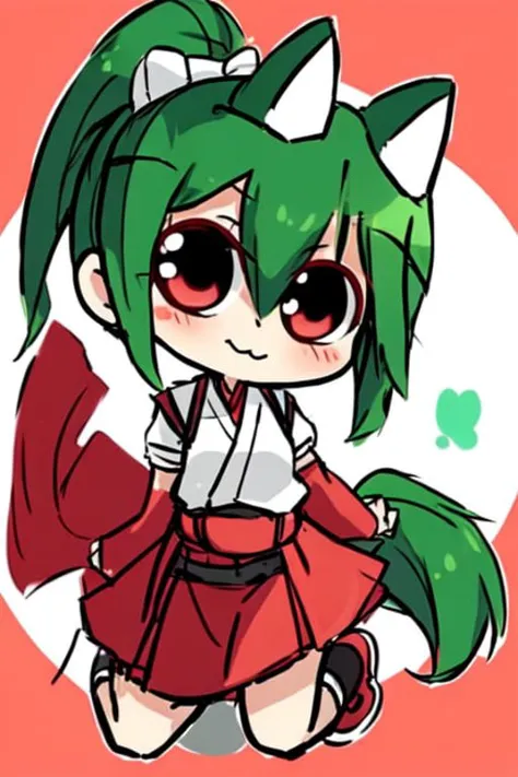 1girl, kiriko, green hair, ponytail, fox mask, half mask,
red skirt, hair between eyes, cute smile,
plain white background, from above, 
<lora:chibiStyle_v1:0.83>, chibi