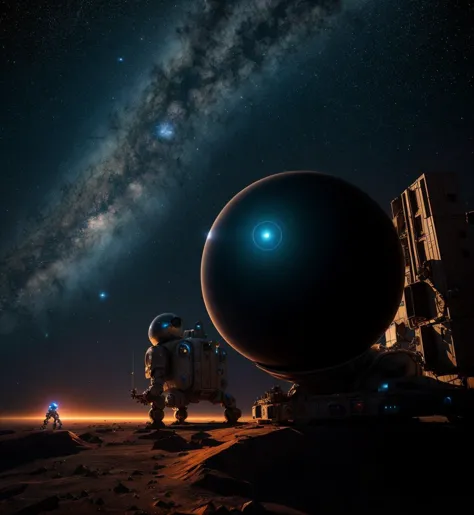 Robots in space, exploring alien planets, sci-fi art, starry backdrop