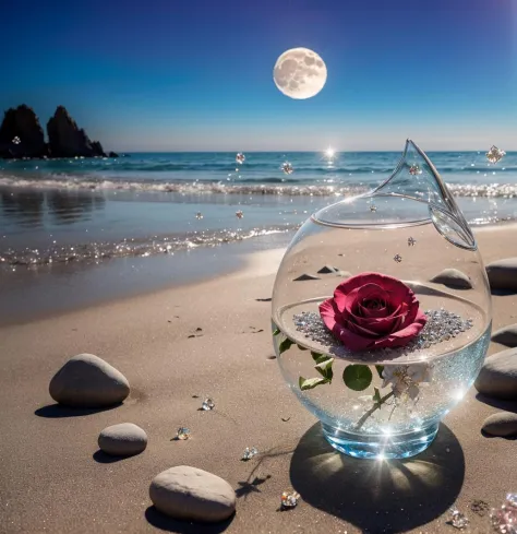 waning moon. flowers roses, stones transparent  and diamond crystal in water, on the beach, fantasy,  smoke , photo, HD, 8K ,