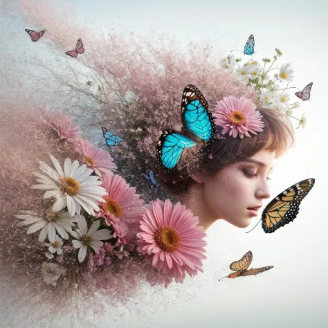 Schönheit im Gesicht, (Meisterwerk), Science-Fiction, Landschaft, 1 Mädchen, Kurzes Haar, bangs, Schmetterling, Blumen mit realistischem Bewegungseffekt und Lichteffekt, Foto, 8