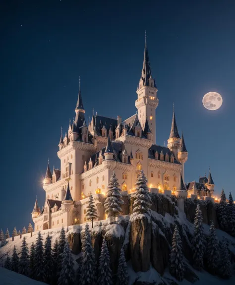 a woman queen ice, realistic photo of a castle on a hill with a full moon, HD. Photography, realistic motion effect light effect...