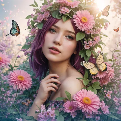 1girl, face beauty, (masterpiece), science fiction, scenery, 1girl, short hair, bangs, pink hair color, butterfly flowers with r...