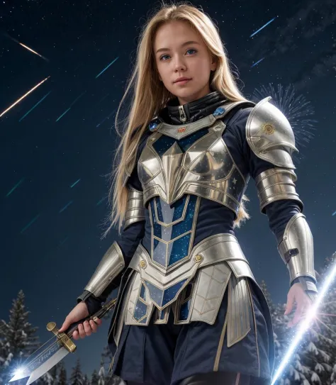 1girl, aerial fireworks, armor, aurora, blonde hair, blue eyes, breastplate, city lights, constellation, crescent moon, earth \(planet\), fireflies, fireworks, full moon, galaxy, holding weapon, knife, light particles, long hair, milky way, moon, moonlight, night, night sky, pine tree, planet, shooting star, sky, snow, snowflakes, snowing, solo, space, space craft, standing, star \(sky\), star \(symbol\), starry background, starry sky, starry sky print, tanabata, tanzaku, telescope, tree, weapon, winter