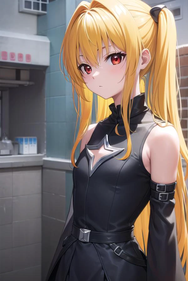 toloveruyami, yami, (yellow hair:1.5), long hair, (red eyes:1.5), hair ornament, (small chest:1.2), 
BREAK sleeveless, detached sleeves, dress, black dress, black skirt, clothing cutout, cleavage cutout,
BREAK outdoors, city,
BREAK looking at viewer, (cowboy shot:1.5),
BREAK (masterpiece:1.2), best quality, high resolution, unity 8k wallpaper, (illustration:0.8), (beautiful detailed eyes:1.6), extremely detailed face, perfect lighting, extremely detailed CG, (perfect hands, perfect anatomy),