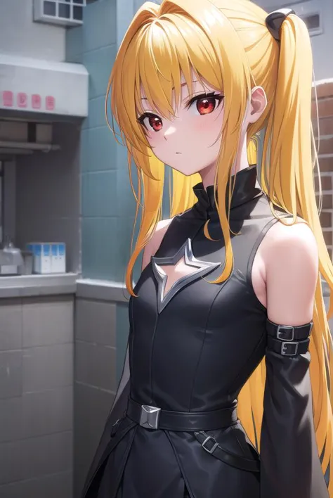 toloveruyami, <lora:toloveruyami-lora-nochekaiser:1>, 
yami, (yellow hair:1.5), long hair, (red eyes:1.5), hair ornament, (small chest:1.2), 
BREAK sleeveless, detached sleeves, dress, black dress, black skirt, clothing cutout, cleavage cutout,
BREAK outdoors, city,
BREAK looking at viewer, (cowboy shot:1.5),
BREAK <lyco:GoodHands-beta2:1>, (masterpiece:1.2), best quality, high resolution, unity 8k wallpaper, (illustration:0.8), (beautiful detailed eyes:1.6), extremely detailed face, perfect lighting, extremely detailed CG, (perfect hands, perfect anatomy),