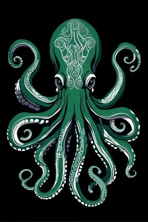 leonardo style, Tribal Spirit animals: tribal art, featuring a intricately detailed spirit animal octopus. intimidating, powerful, mysterious, high contrast, The design incorporates geometric patterns and bold linework to create a striking and powerful com...