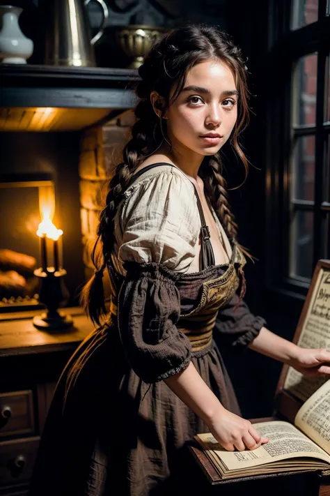 arafed woman in a dress holding a book in front of a fireplace