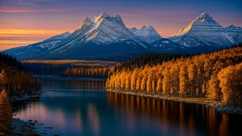 mountains are reflected in the water of a lake at sunset