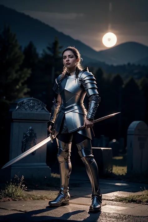 arafed woman in armor holding a sword in a cemetery