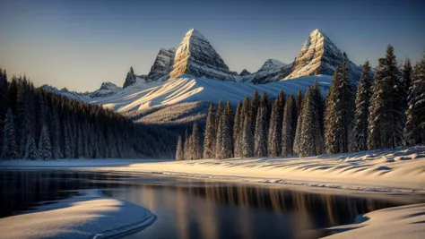 snowy mountains are reflected in a lake surrounded by trees