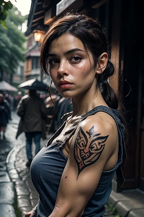 arafed woman with a tattoo on her arm standing on a street