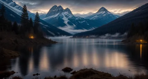 mountains are in the distance with a lake in the foreground