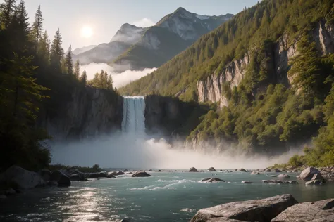 hyper photorealistic of Castle in the mountains, fog, sun day, summer, waterfall and river, Huge gigantic creature behind mountains, hyper maximalist detailed wet shiny skin, gigantism, monster creature, highest definition, Canon EOS R5, sharp focus, detailed 64K resolution,