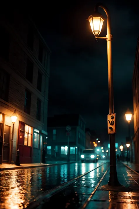 nighttime scene of a street with a lamp post and a wet sidewalk