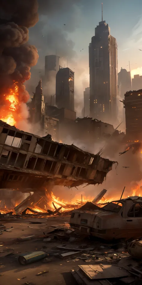 a ruined futuristic metropolis with collapsed buildings and fires while enemy bombers fly overhead, realistic, 4k, chaotic, apocalyptic