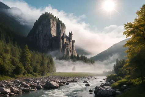 hyper photorealistic of Castle in the mountains, fog, sun day, summer, waterfall and river, Huge gigantic creature behind mountains, hyper maximalist detailed wet shiny skin, gigantism, monster creature, highest definition, Canon EOS R5, sharp focus, detailed 64K resolution,